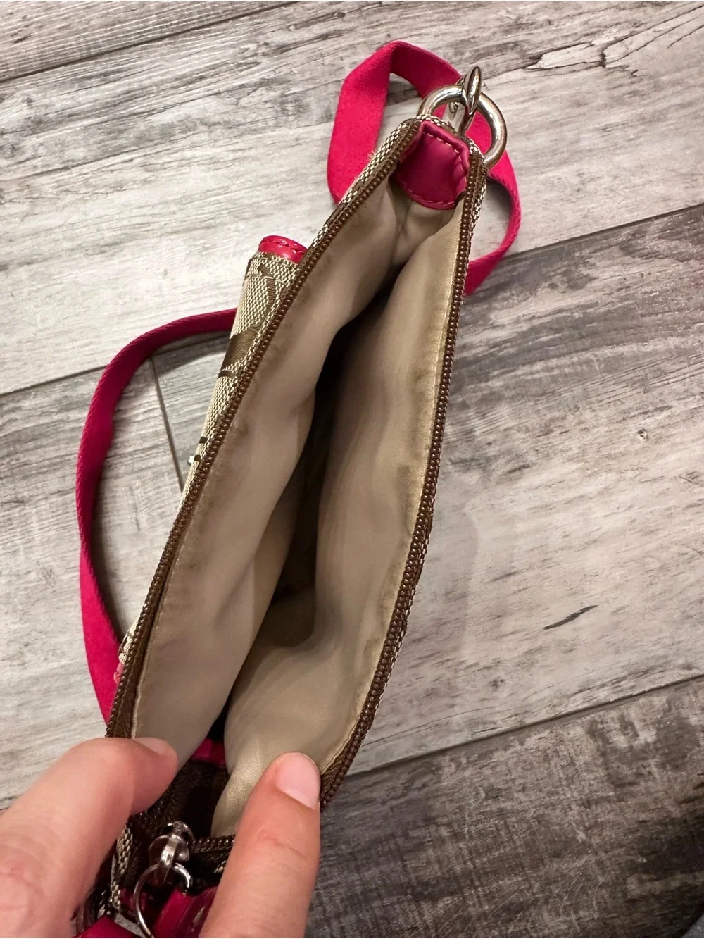 Coach Brown Signature Crossbody with Pink Trim and Strap